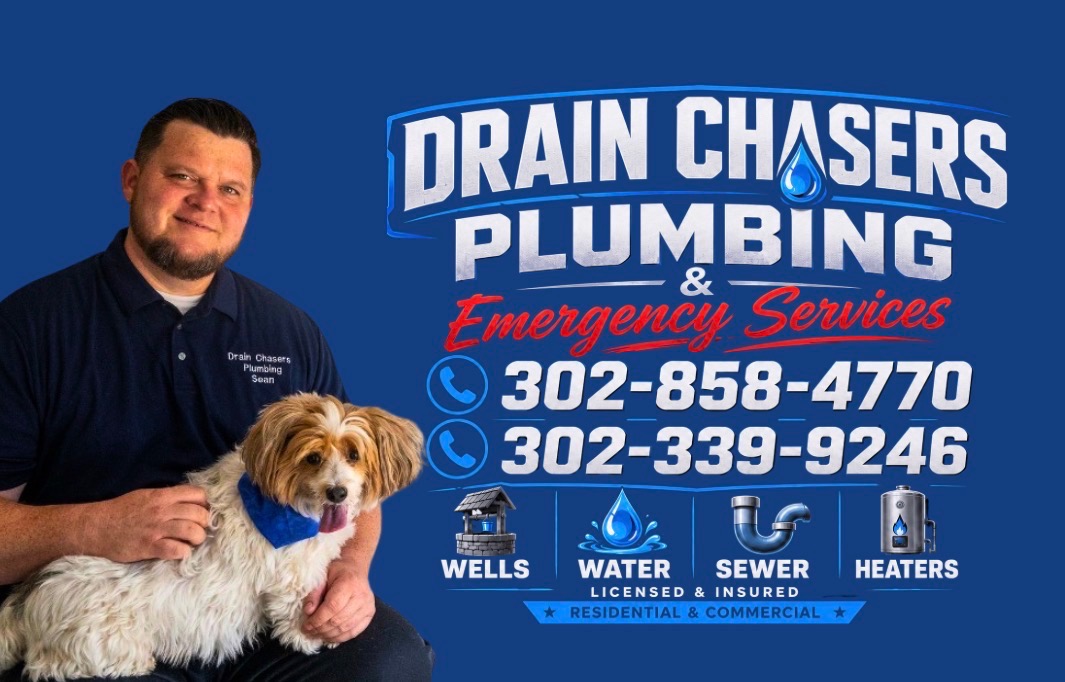 Sean of Drain Chasers Plumbing & Emergency Services with the company dog — wells, water, sewer and heater services, licensed and insured